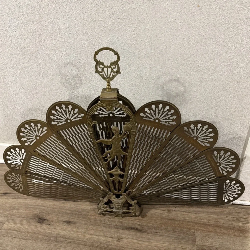 Vintage Brass Peacock Fireplace Screen Art Deco Woman Fan L  33